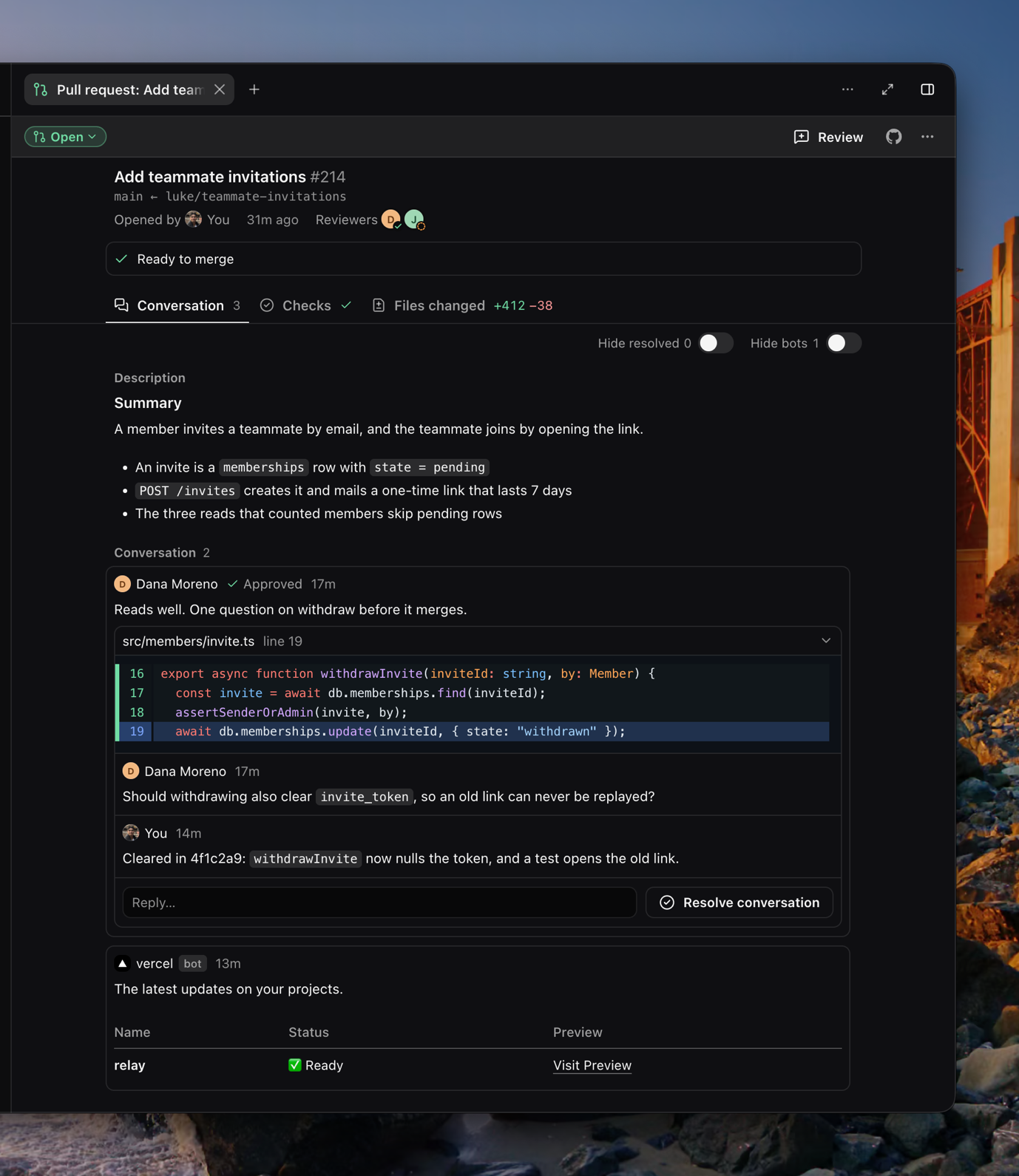 #214's Pull request tab in a wide side panel on its Conversation: open and ready to merge, Dana's approving review with her thread on src/members/invite.ts previewed with its diff and your reply, and Vercel's bot comment with its badge.
